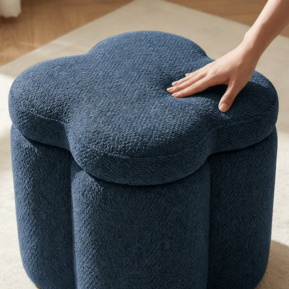 Flower-Petal Chenille Storage Ottoman — navy lid and textured fabric compression close-up