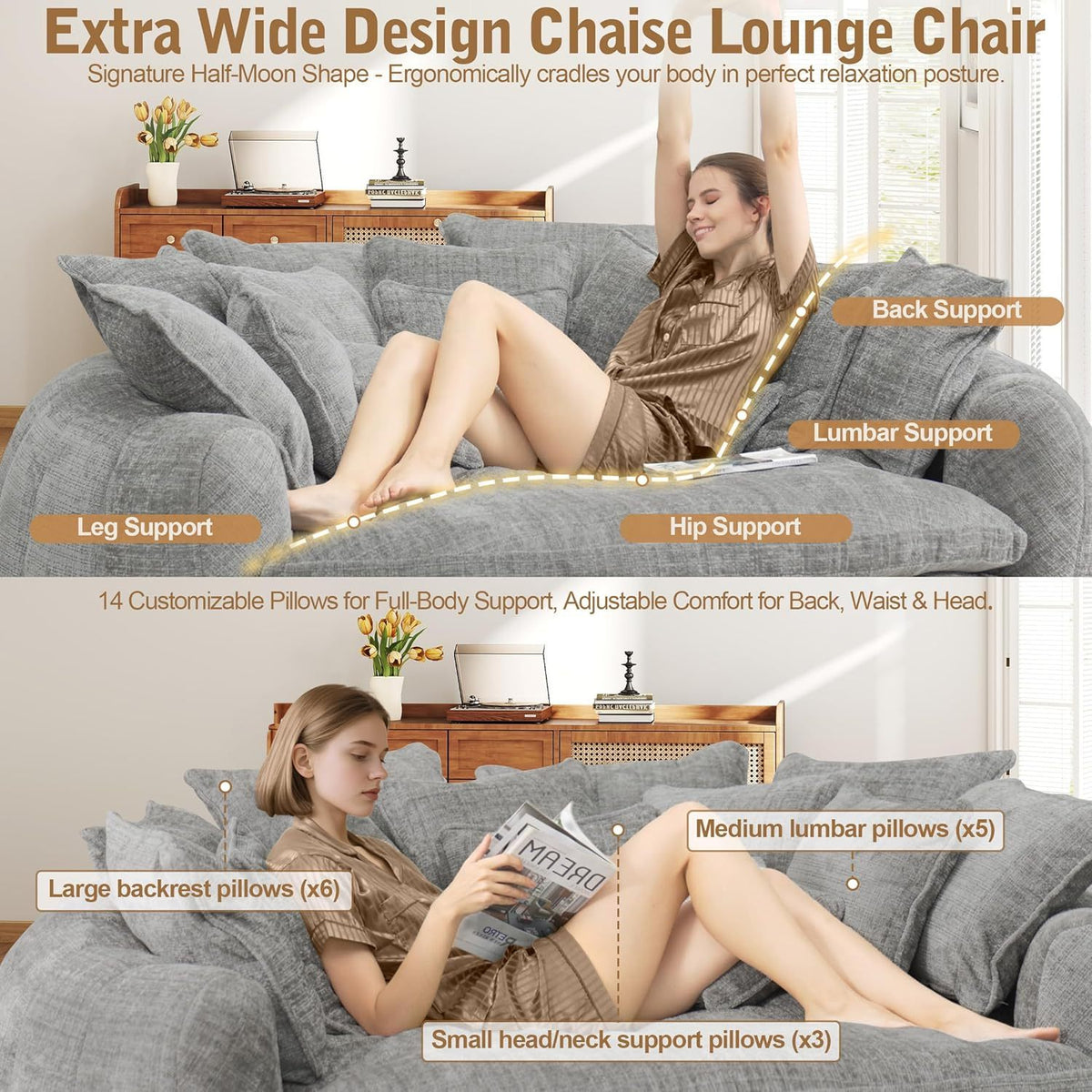 Oversized Round Chenille Lounge Sofa — light grey lounging and pillow arrangement.