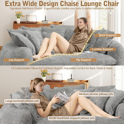 Oversized Round Chenille Lounge Sofa — light grey lounging and pillow arrangement.