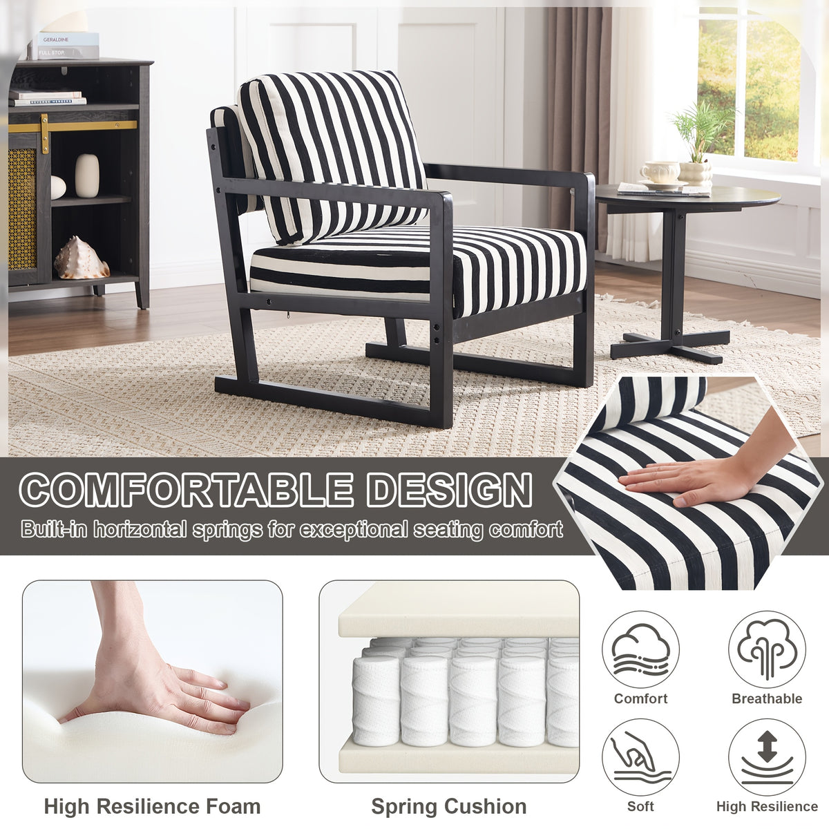 Black and White Striped Wood-Frame Lounge Chair — cushion and spring construction illustration