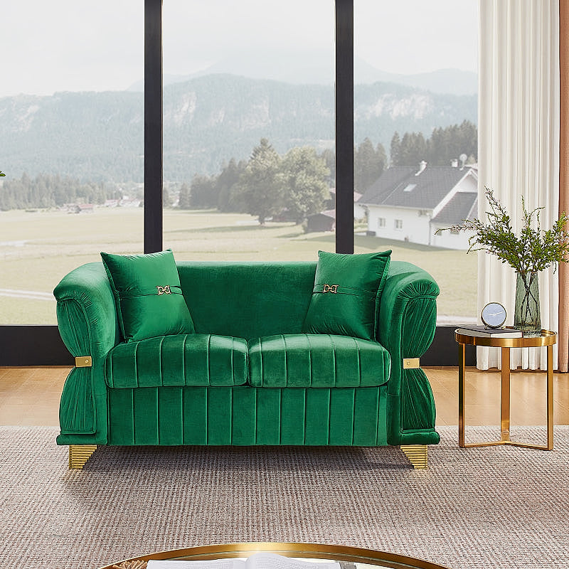 Emerald green velvet loveseat, straight-on front view