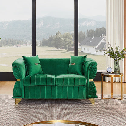 Emerald green velvet loveseat, straight-on front view