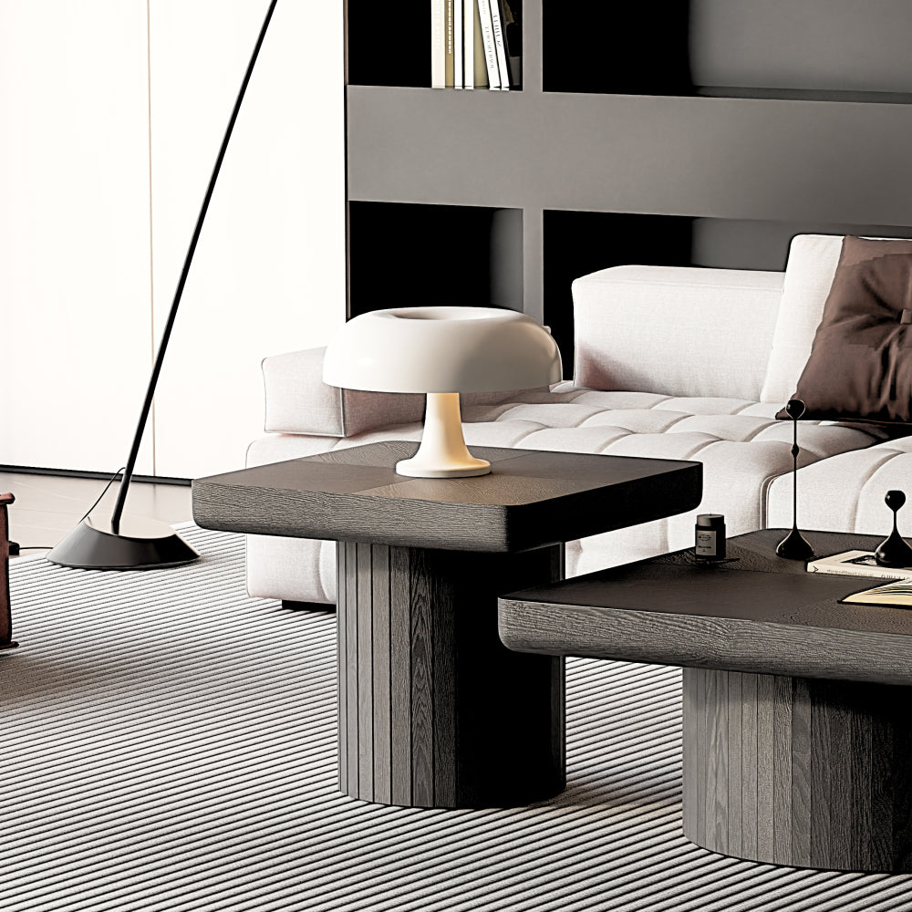 23.6-Inch Contemporary Square Side Table Featuring Solid Wood Veneer And a Parquet Design, a Minimalist Accent Table with a Grooved Cylindrical Base Suitable for The Living Room Or Bedroom in a Matte Black End