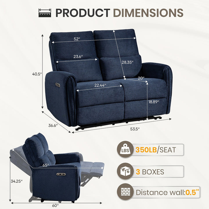 Blue reclining loveseat dimension diagram showing 53.5-inch width, 36.6-inch depth and 40.5-inch upright height.