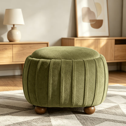 Oval Chenille Storage Ottoman with Wood Ball Legs — green front three-quarter view