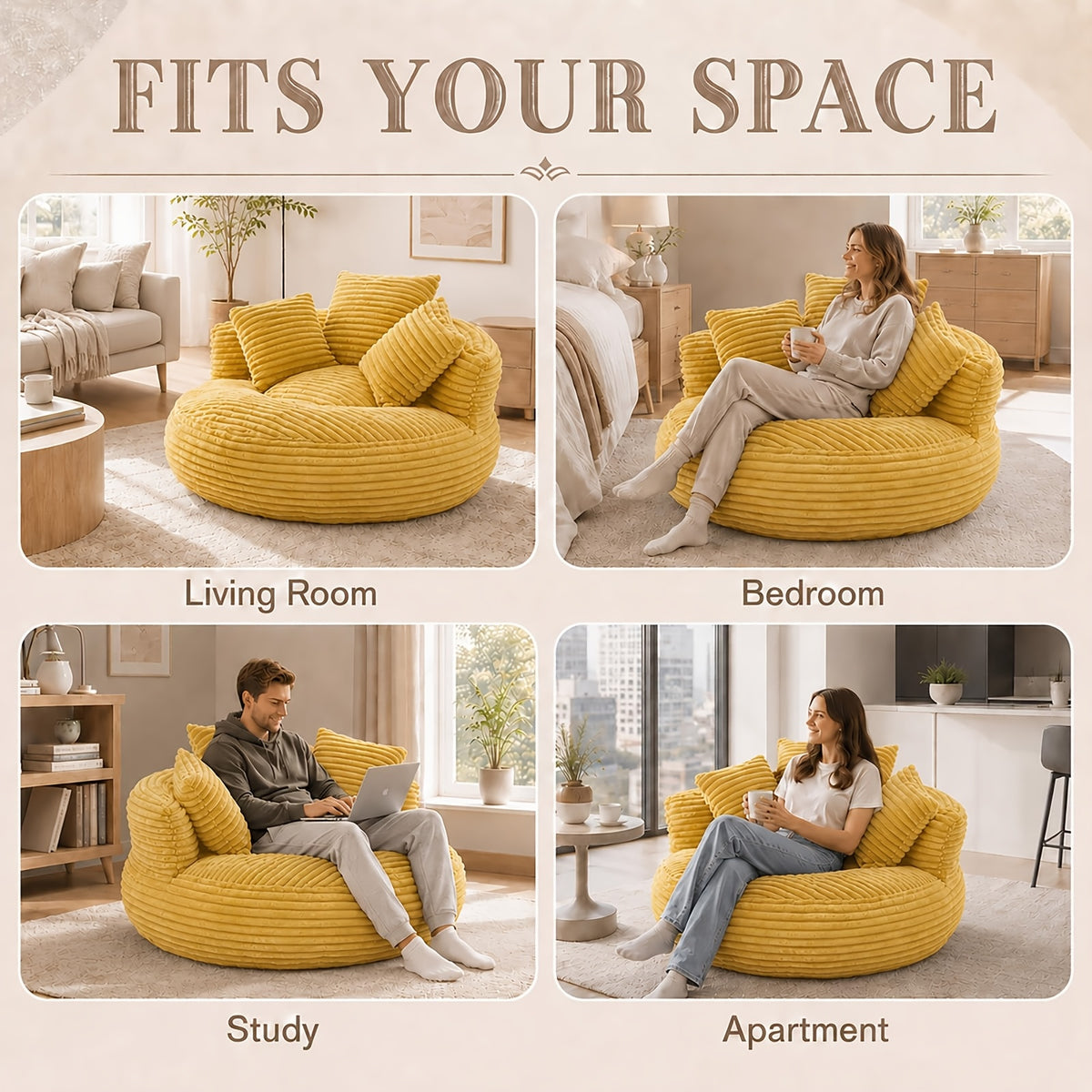 Round Corduroy Bean Bag Chair with Three Pillows — room placement and seated scale collage