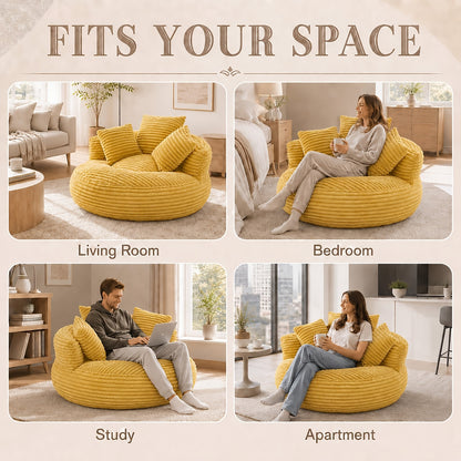 Round Corduroy Bean Bag Chair with Three Pillows — room placement and seated scale collage
