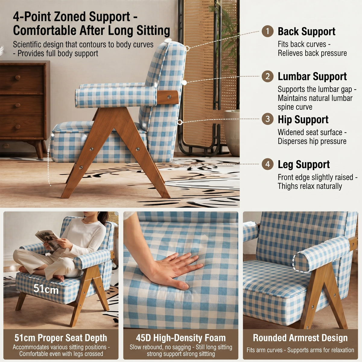 Patterned Accent Chair with Rubberwood Frame — blue gingham chair support and cushion features