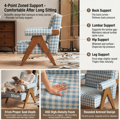Patterned Accent Chair with Rubberwood Frame — blue gingham chair support and cushion features