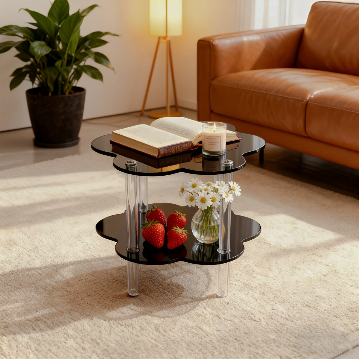 Black cloud-shaped acrylic two-tier side table beside a brown sofa