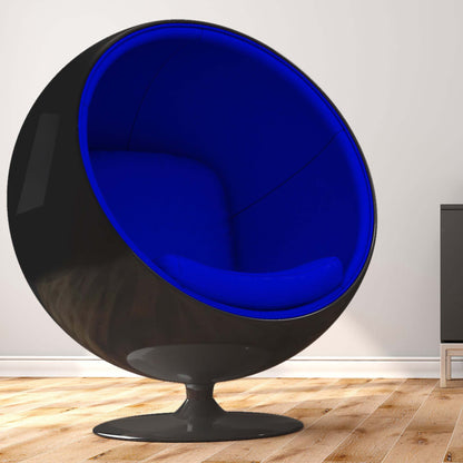 Black-shell blue-lined Globe chair in room