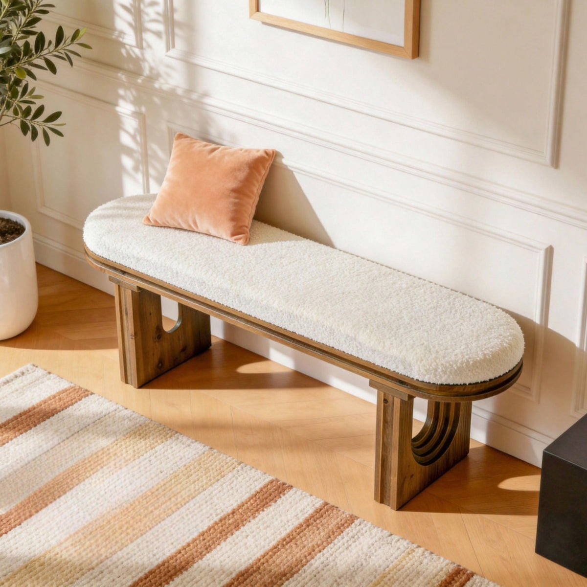 47-Inch Cream Seat Bench with Arched Wood Legs — cream seat and warm wood base in a hallway