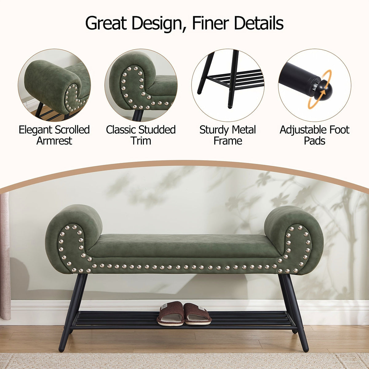 Green rolled arm upholstered shoe bench with a black metal rack and silver tone nailheads — nailhead and arm details