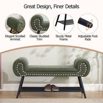 Green rolled arm upholstered shoe bench with a black metal rack and silver tone nailheads — nailhead and arm details