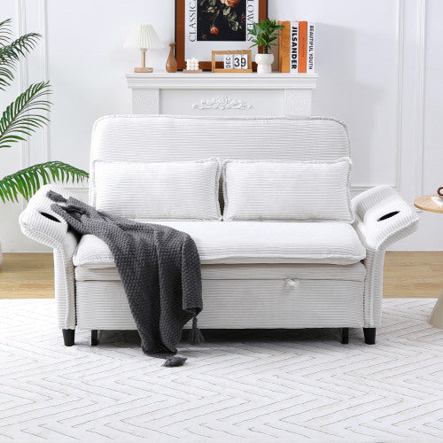 Ribbed Convertible Sleeper Sofa with Cup Holders — beige upholstery option.