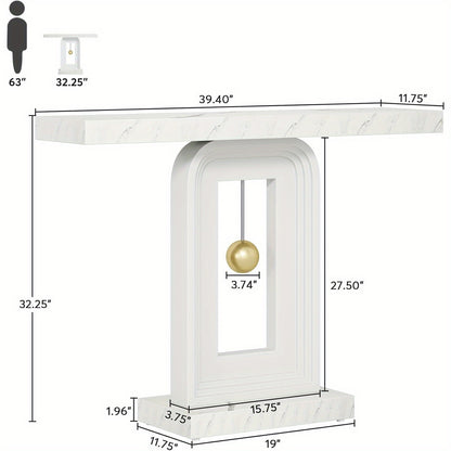 White pendulum console dimensions showing 39.4-inch width, 11.75-inch depth and 32.25-inch height
