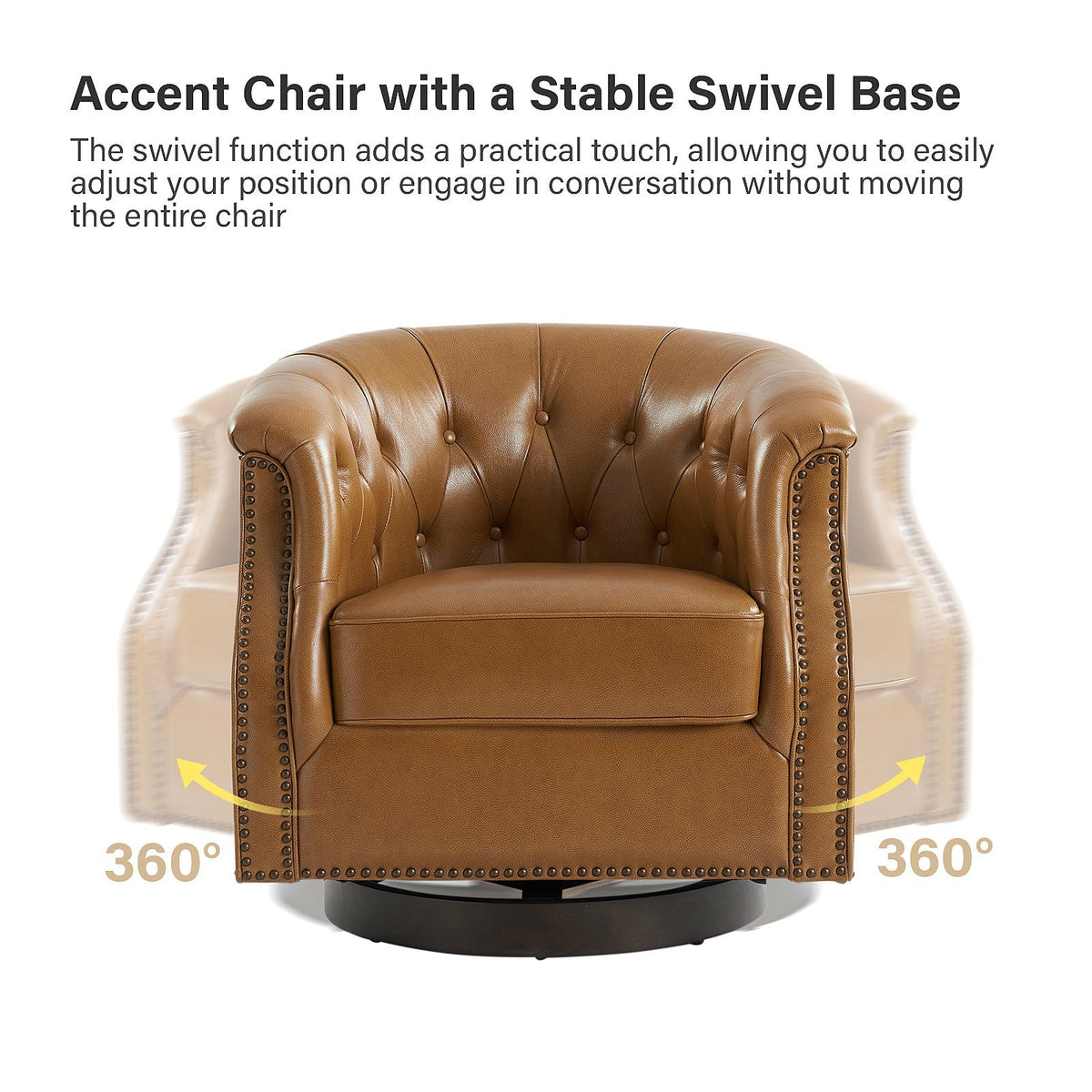 Camel genuine leather Chesterfield swivel rocking armchair with rolled arms