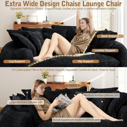 Oversized Round Chenille Lounge Sofa — black lounging and pillow arrangement.