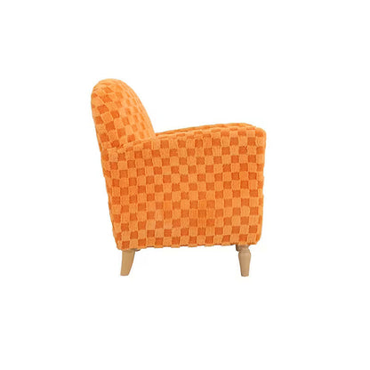 Orange checkerboard corduroy accent armchair with brown wood legs