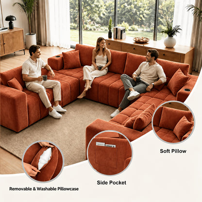 Chenille Modular Sectional with Cup Holders — cup holder, pillowcase and side-pocket feature collage