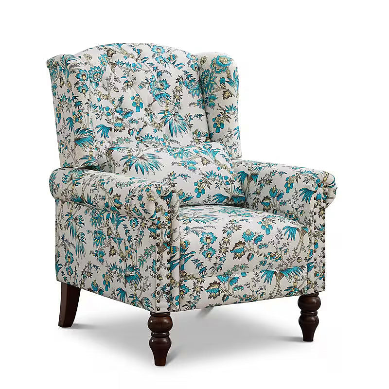 Ivory and blue floral wingback chair with dark wood legs and a side pocket