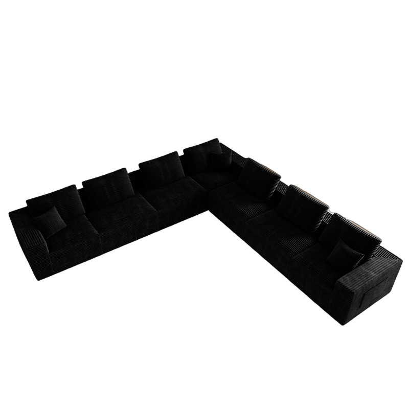 Black Seven-Piece Corduroy Modular Sectional — black isolated overhead arrangement