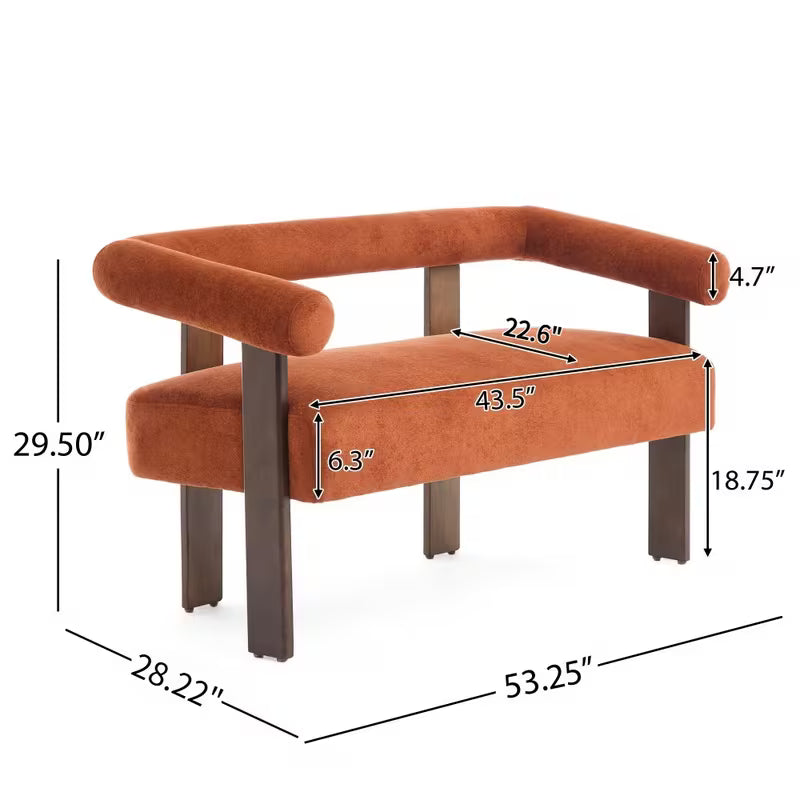 Rust Upholstered Loveseat with Wood Frame — supplier dimension diagram.