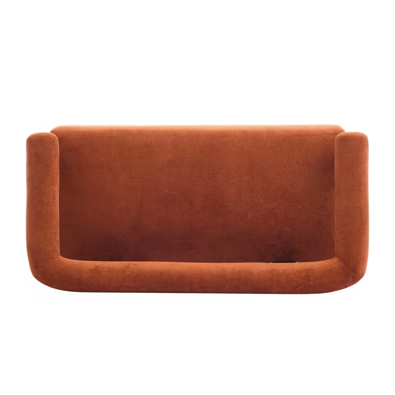 Rust Upholstered Loveseat with Wood Frame — overhead product view.