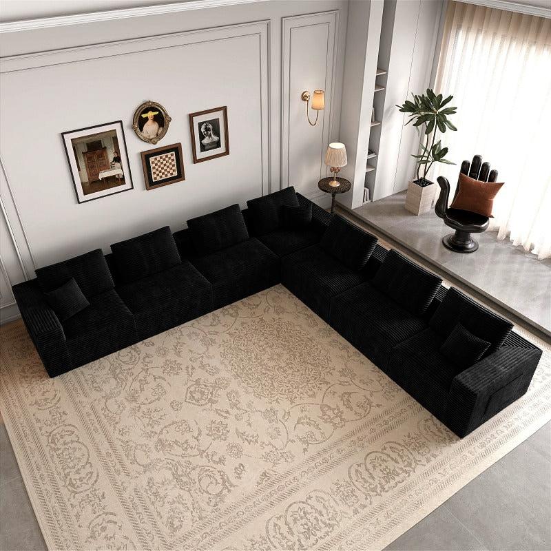Black Seven-Piece Corduroy Modular Sectional — black L-shaped layout viewed from above