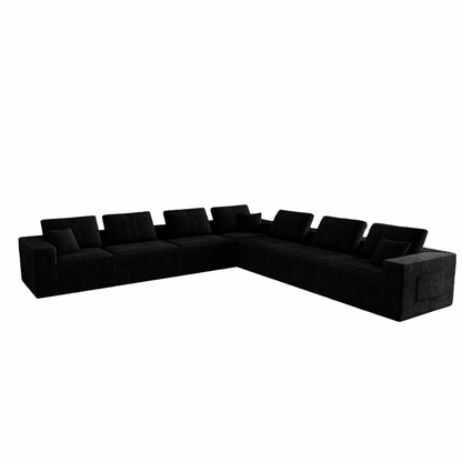 Black Seven-Piece Corduroy Modular Sectional — black isolated front three-quarter arrangement