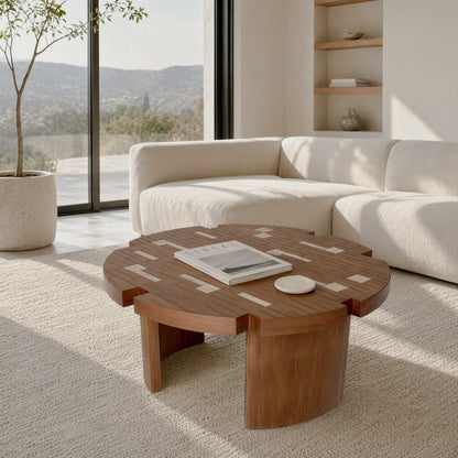 Brown petal-shaped coffee table beside a white sofa