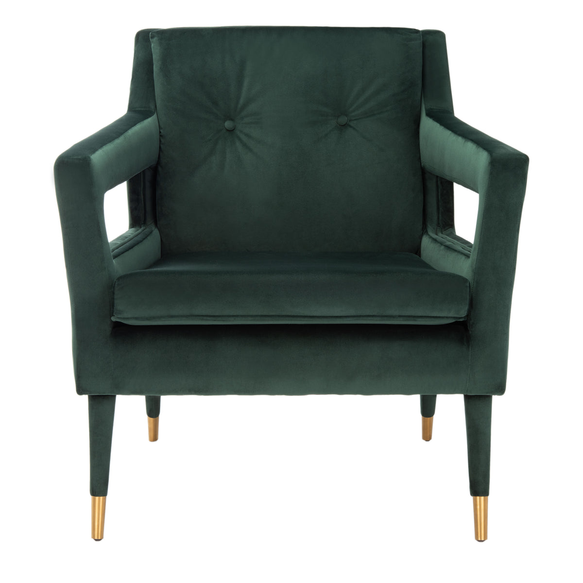 Mara Tufted Accent Chair with Gold-Tone Leg Caps — front view of the forest green chair