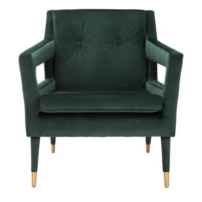 Mara Tufted Accent Chair with Gold-Tone Leg Caps — front view of the forest green chair