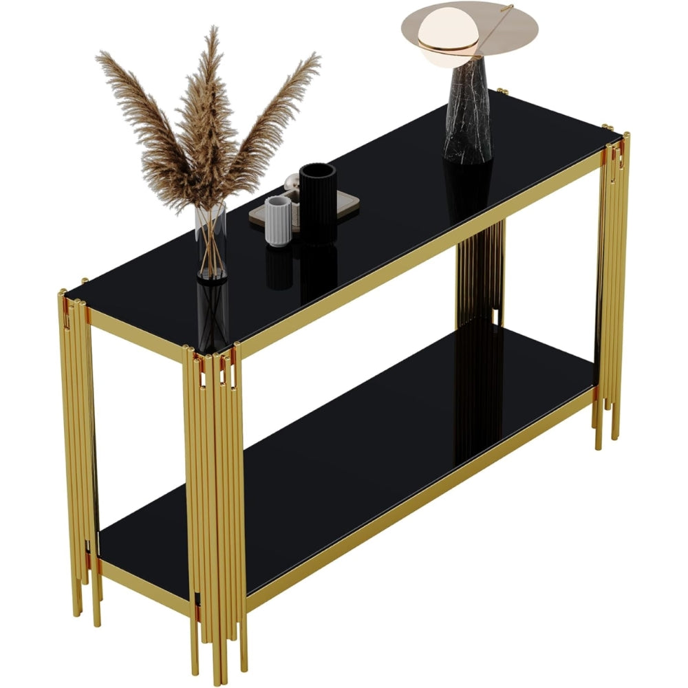 Black glass and gold frame console isolated on white from above.