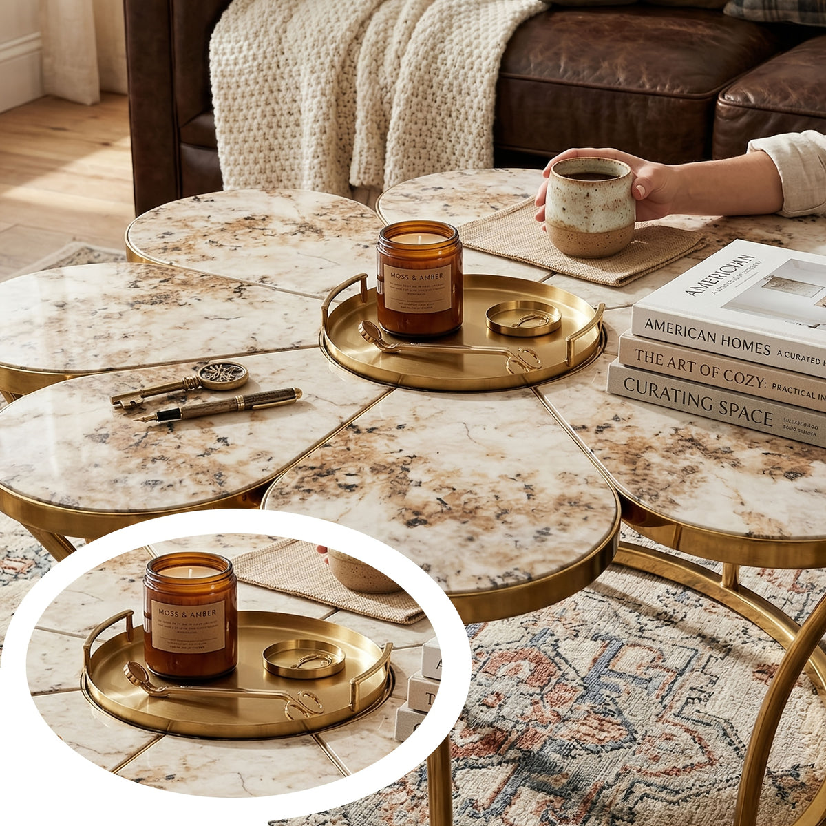 Close-up of the veined flower-shaped tabletop with a circular styling detail inset
