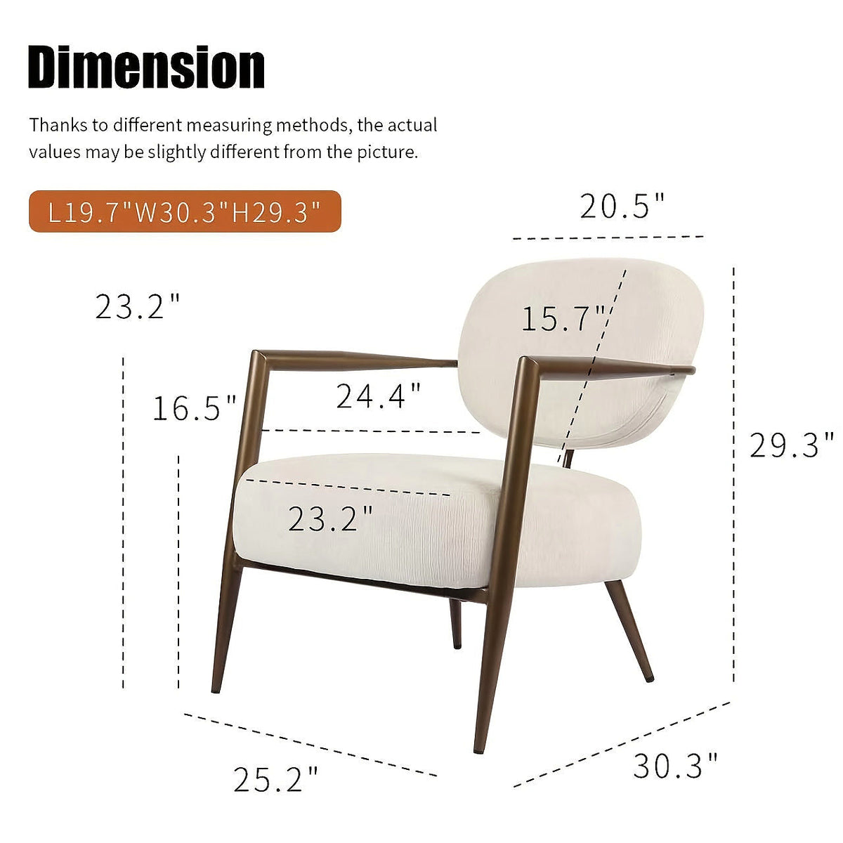 White fabric accent chair with an oval back and gold tone metal frame — dimension diagram