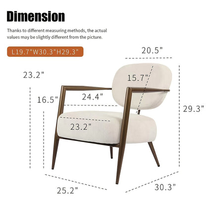 White fabric accent chair with an oval back and gold tone metal frame — dimension diagram