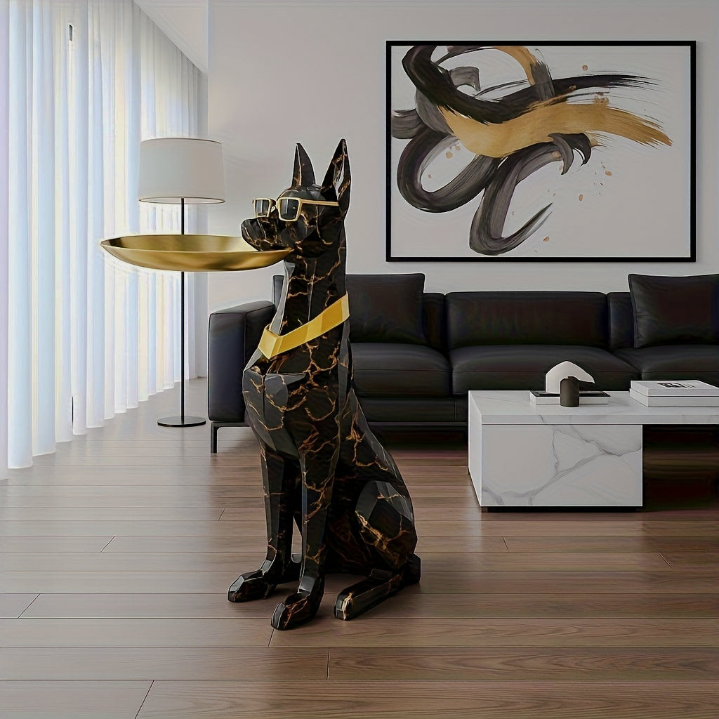 Black dog tray table by sofa