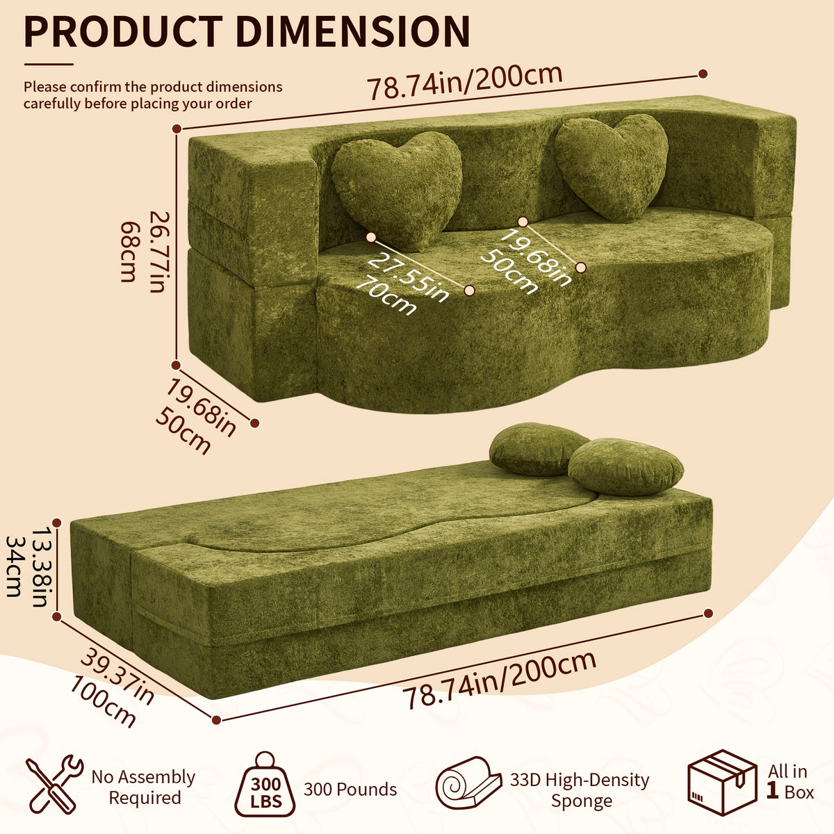 Dimension diagram showing the olive green loveseat in sofa and flat bed forms