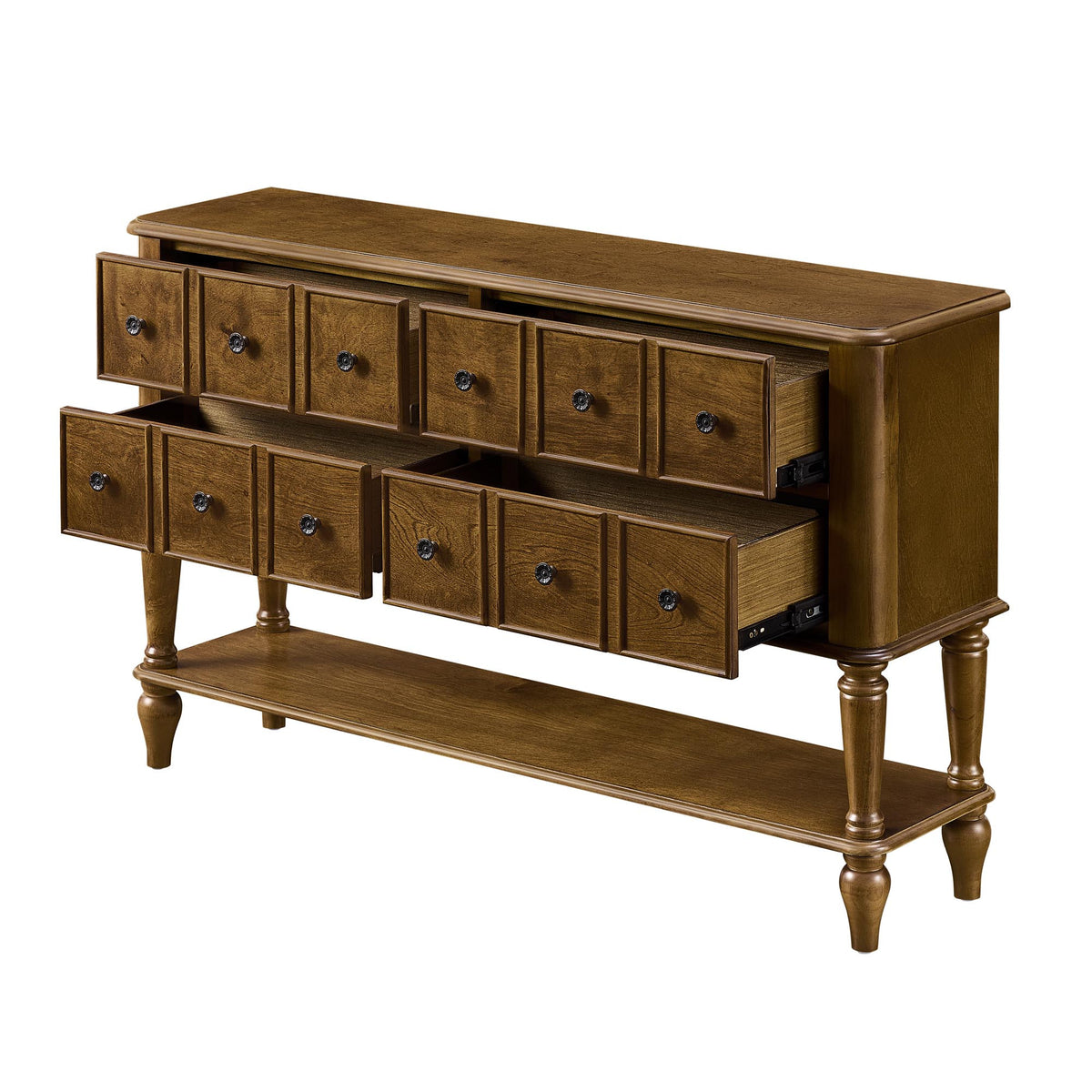 Opposite product angle of the walnut console with four drawers open