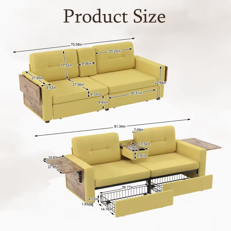 Chenille Storage Loveseat with Side Tables — supplier dimension diagram.