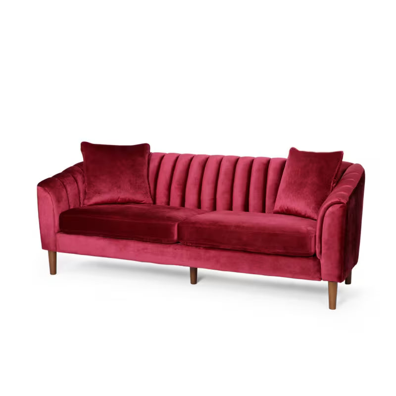 Wine Red Channel-Tufted Sofa — three-quarter front product view.