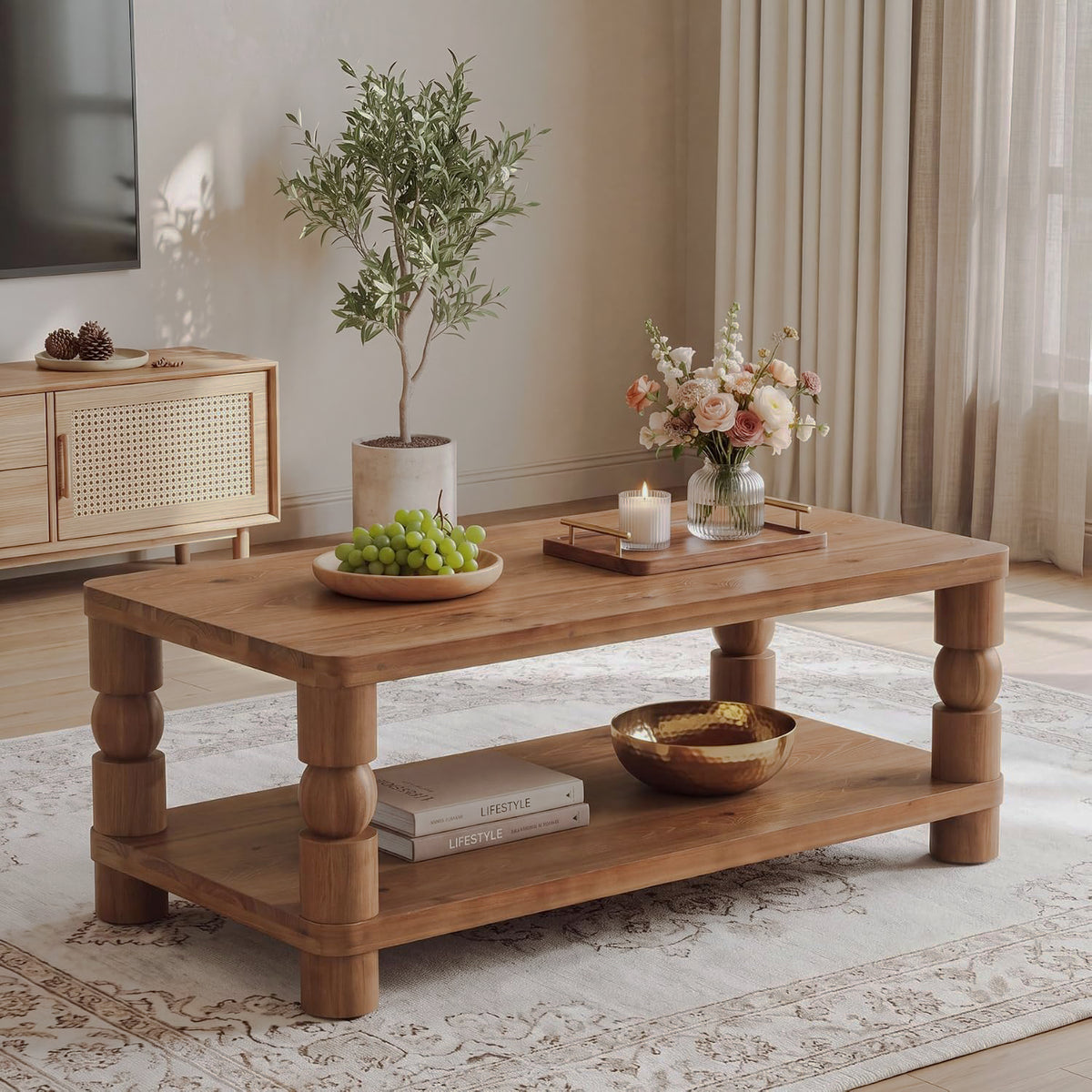 Brown rectangular wood coffee table with turned legs and open shelf