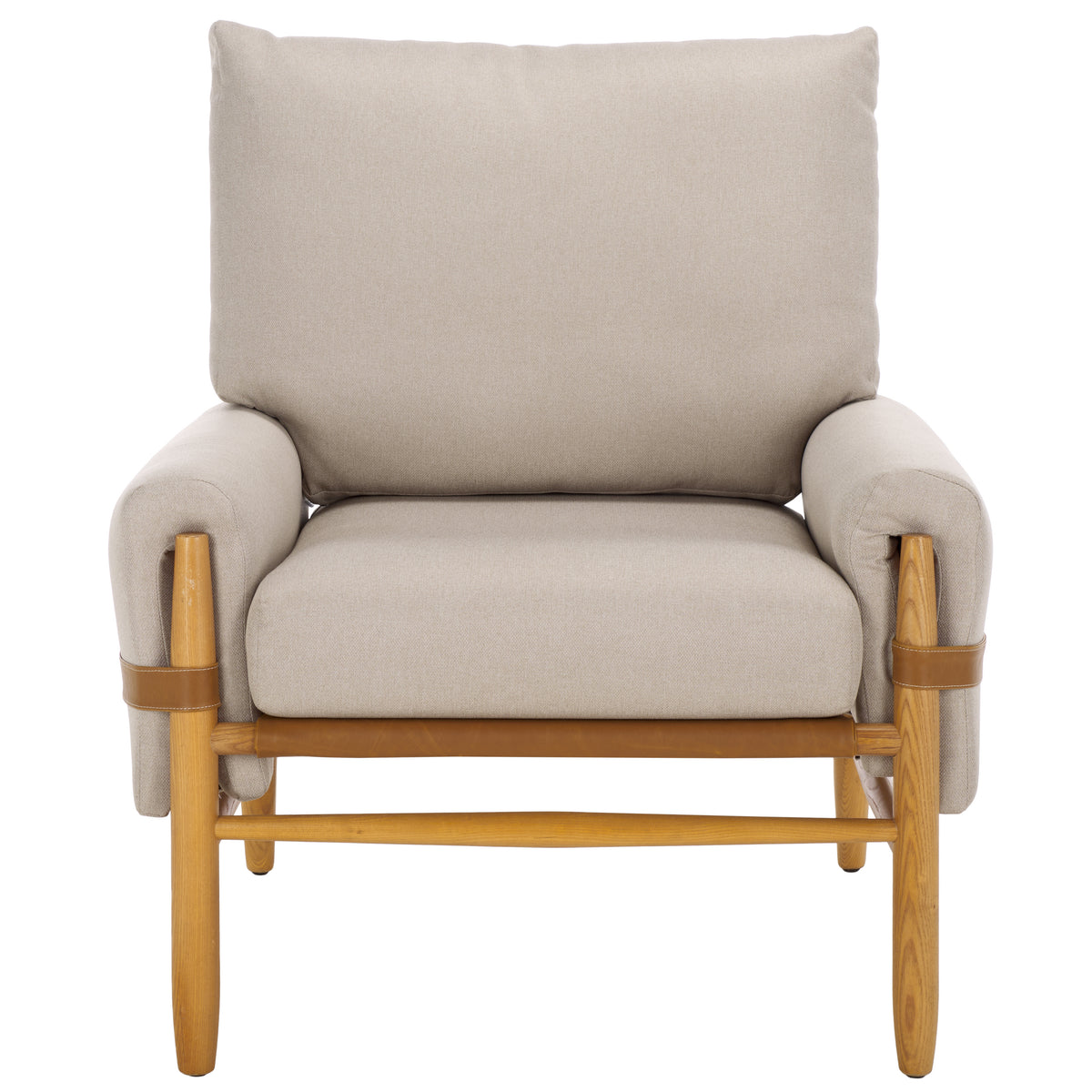 Strap-Detail Wood-Frame Accent Chair — front view of the light gray fabric chair