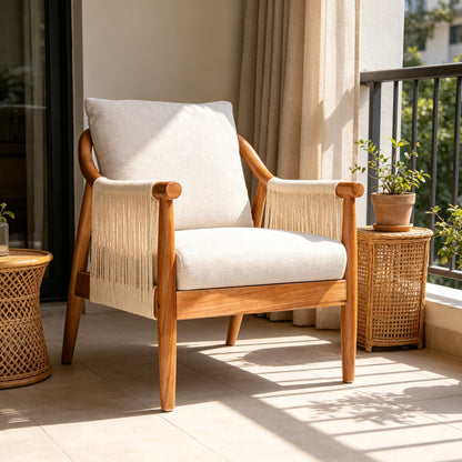 Wood-Frame Accent Chair with Woven Paper-Rope Arms — cream chair beside a sunny window