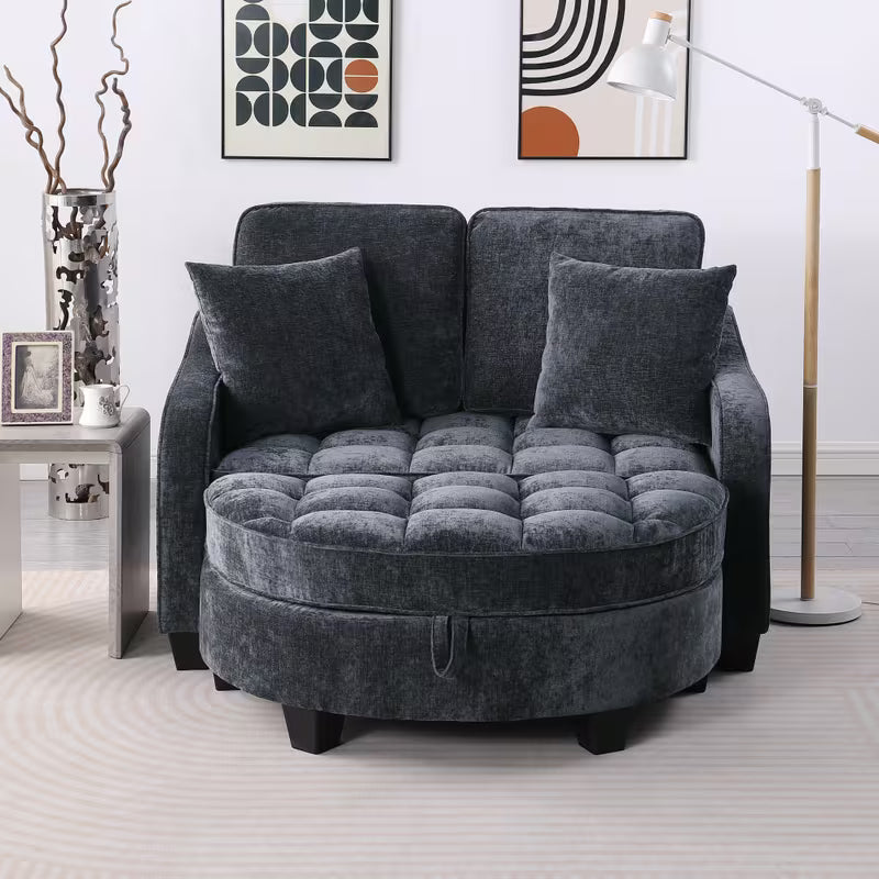 Tufted Loveseat with Storage Footrest — front view with tufted footrest.