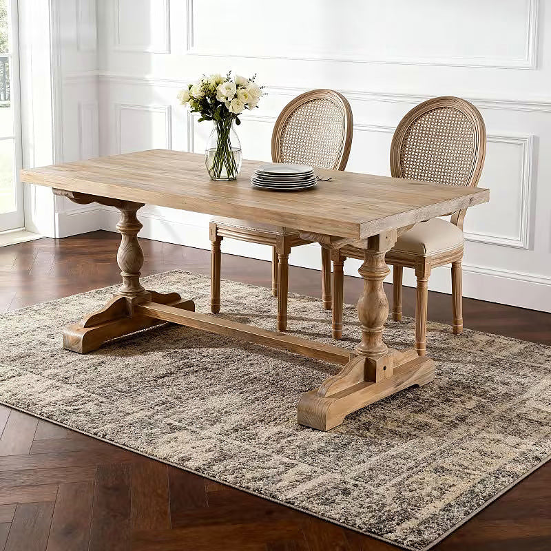 French style dining chair with a woven rattan back and beige upholstered seat