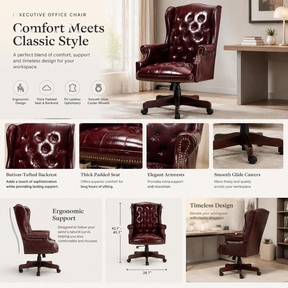 Feature collage showing the burgundy tufted office chair and upholstered details