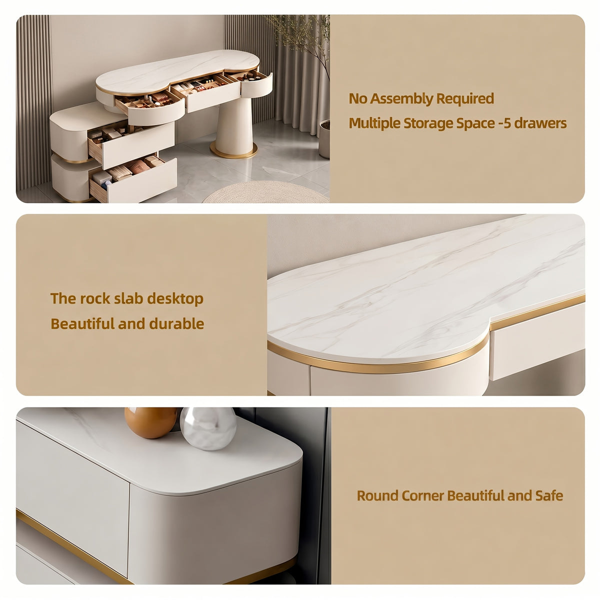Cream Vanity with Drawers & Marble-Look Top
