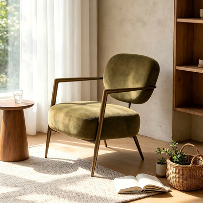 Green fabric accent chair with an oval back and gold tone metal frame